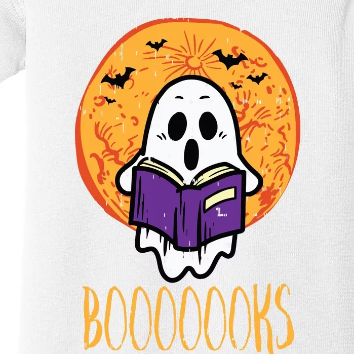 Boooks Moon Ghost Reading Halloween Bookworm Librarian Book Baby Bodysuit