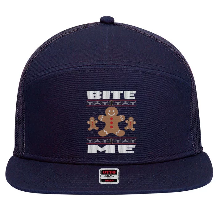 Bite Me Gingerbread Ugly Christmas Gift 7 Panel Mesh Trucker Snapback Hat