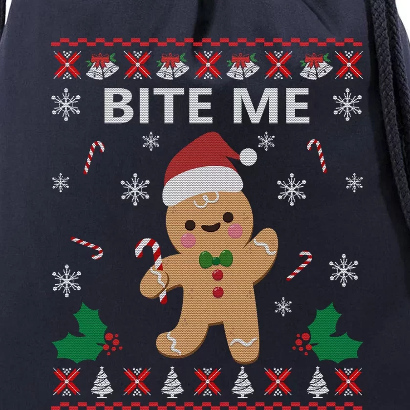 Bite Me Gingerbread Ugly Christmas Sweater Funny Gift Meaningful Gift Drawstring Bag