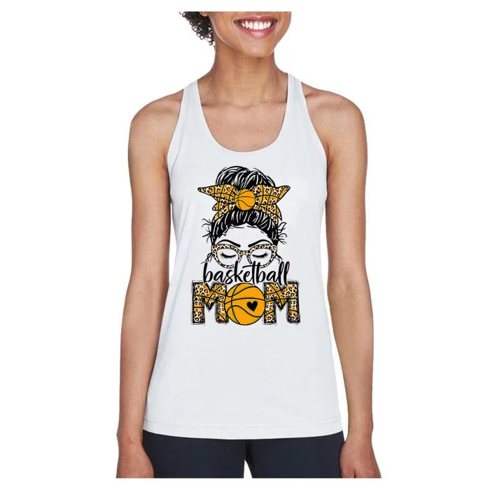 Basketball Mom Game Day Messy Bun Leopard Bleached Women's Racerback Tank