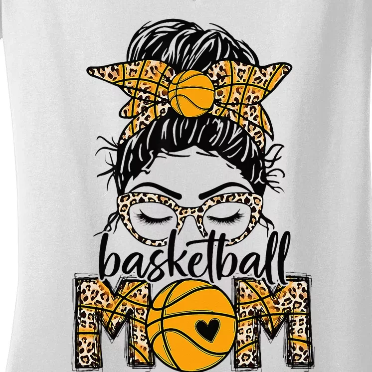 Basketball Mom Game Day Messy Bun Leopard Bleached Women's V-Neck T-Shirt