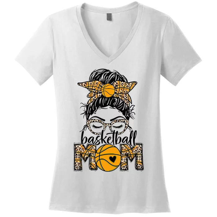 Basketball Mom Game Day Messy Bun Leopard Bleached Women's V-Neck T-Shirt