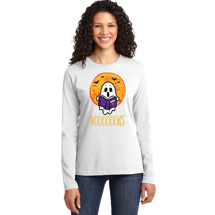 Boooks Moon Ghost Reading Halloween Bookworm Librarian Book Ladies Long Sleeve Shirt