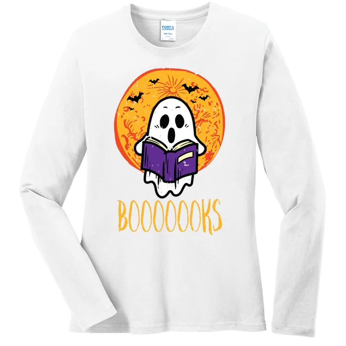 Boooks Moon Ghost Reading Halloween Bookworm Librarian Book Ladies Long Sleeve Shirt