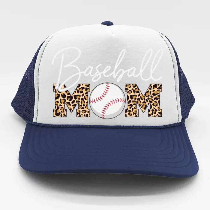 Baseball Mom Gift Leopard Print Cursive Script Cool Gift Trucker Hat