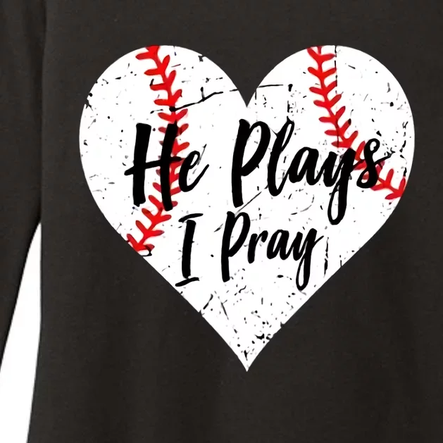 Baseball Mom He Plays I Pray Jersey Baseball Favorite Player Womens CVC Long Sleeve Shirt