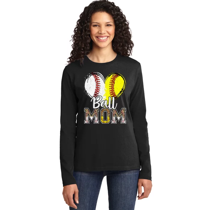 Ball Mom Heart Funny Baseball Soccer Mom Ladies Long Sleeve Shirt