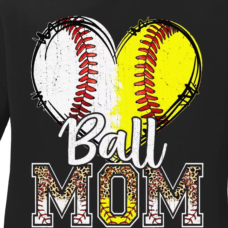 Ball Mom Heart Funny Baseball Soccer Mom Ladies Long Sleeve Shirt