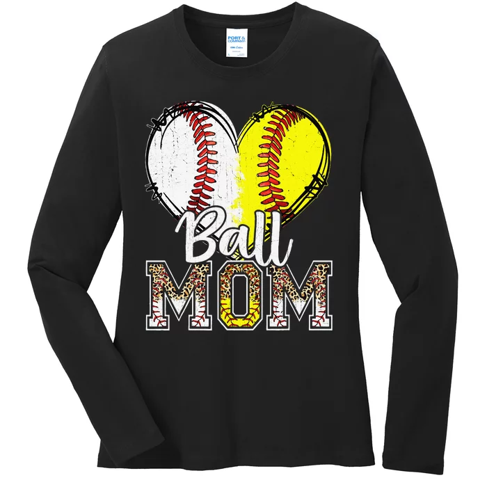 Ball Mom Heart Funny Baseball Soccer Mom Ladies Long Sleeve Shirt