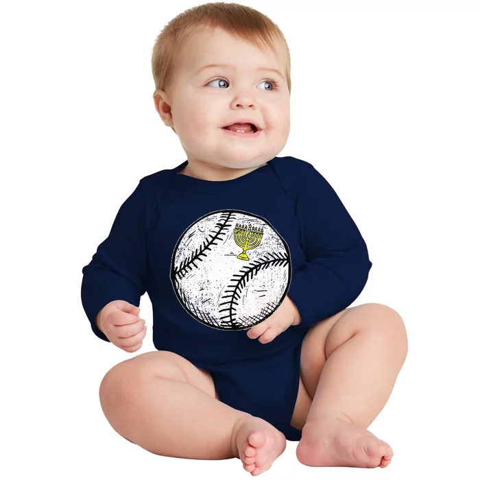 Baseball Menorah Hanukkah Chanukah Jewish Jew Baby Long Sleeve Bodysuit