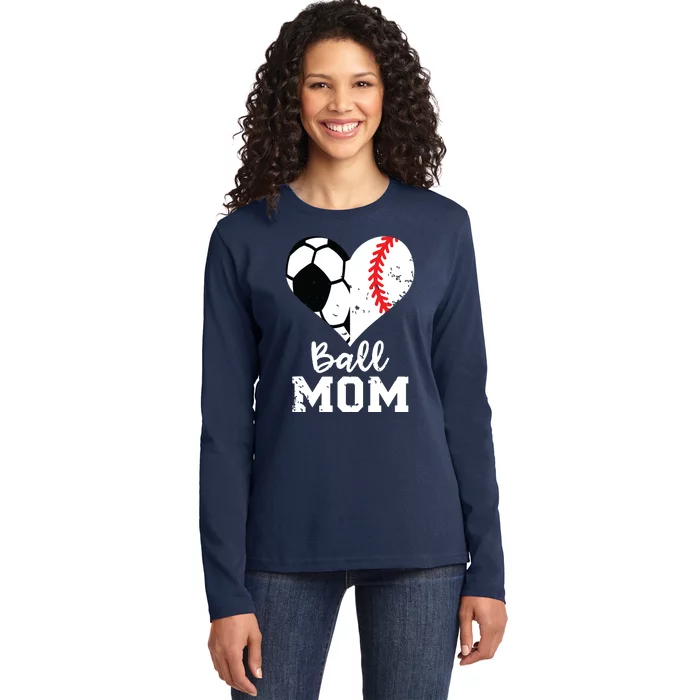 Ball Mom Heart Funny Baseball Soccer Mom Ladies Long Sleeve Shirt