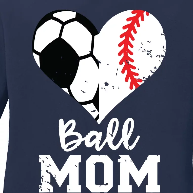 Ball Mom Heart Funny Baseball Soccer Mom Ladies Long Sleeve Shirt