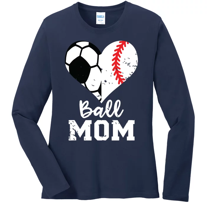 Ball Mom Heart Funny Baseball Soccer Mom Ladies Long Sleeve Shirt