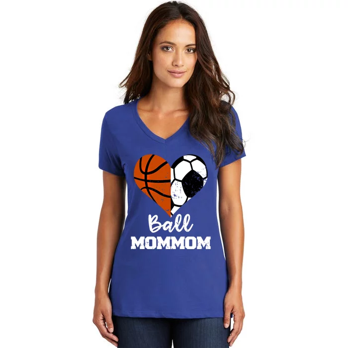 Ball Mommom Heart Funny Soccer Basketball Mom Mom Great Gift Women's V-Neck T-Shirt