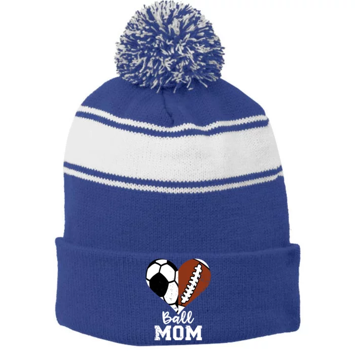 Ball Mom Heart Funny Football Soccer Mom Gift Stripe Pom Pom Beanie