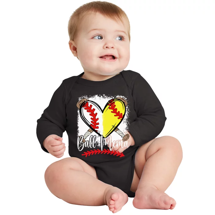 Ball Mema Heart Funny Softball Baseball Baby Long Sleeve Bodysuit