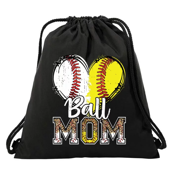 Ball Mom Heart Baseball Softball Mama Mothers Day Drawstring Bag