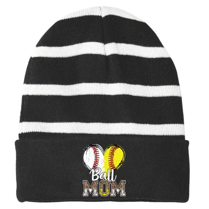 Ball Mom Heart Baseball Softball Mama Mothers Day Striped Beanie with Solid Band