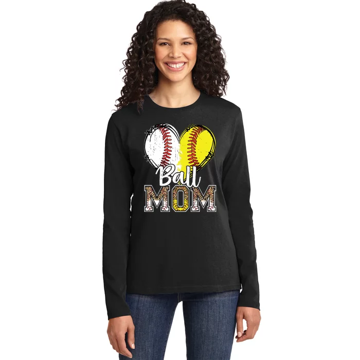 Ball Mom Heart Baseball Softball Mama Mothers Day Ladies Long Sleeve Shirt