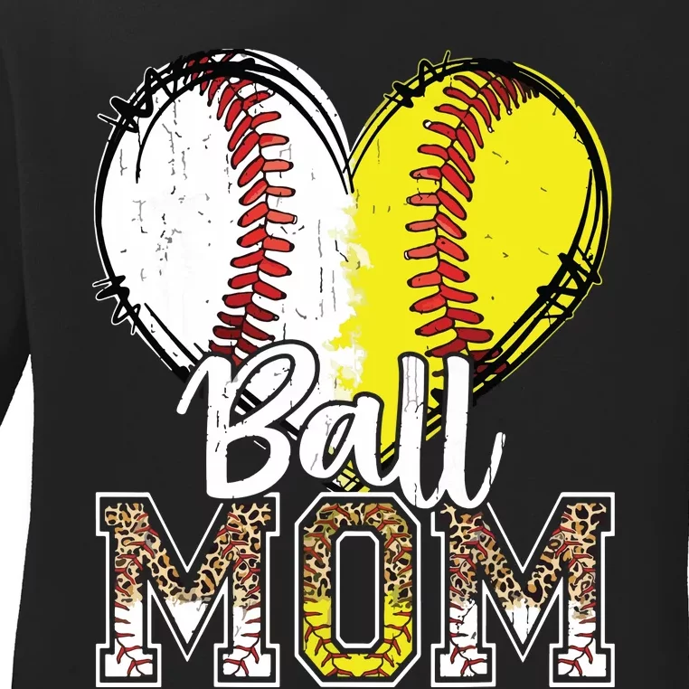 Ball Mom Heart Baseball Softball Mama Mothers Day Ladies Long Sleeve Shirt