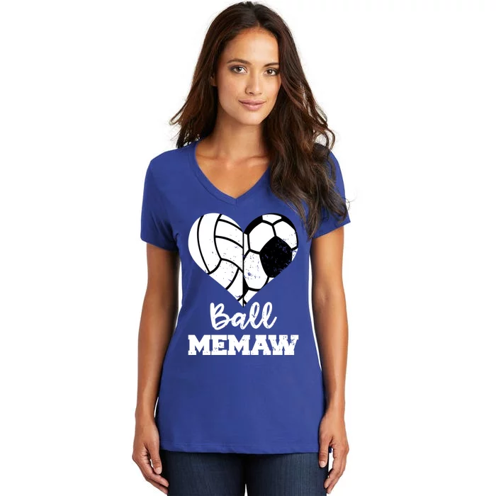 Ball Memaw Heart Funny Soccer Volleyball Memaw Cute Gift Women's V-Neck T-Shirt