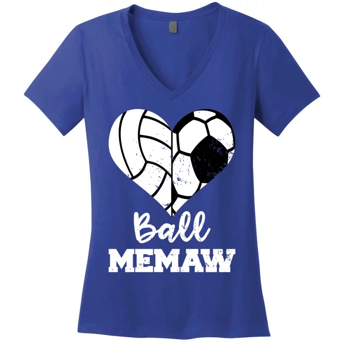 Ball Memaw Heart Funny Soccer Volleyball Memaw Cute Gift Women's V-Neck T-Shirt