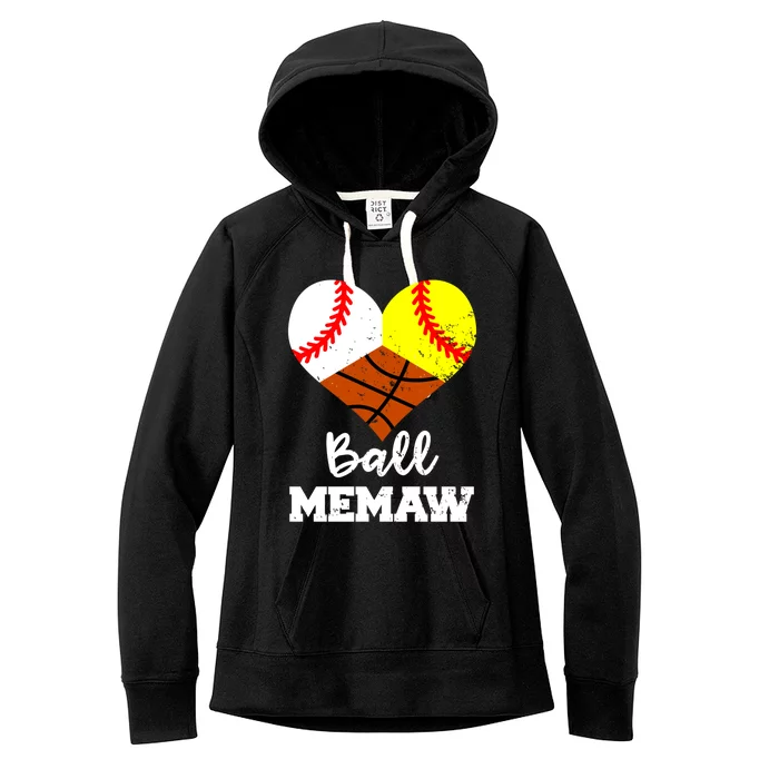 Ball Memaw Heart Funny Baseball Softball Basketball Memaw Cute Gift Women's Fleece Hoodie