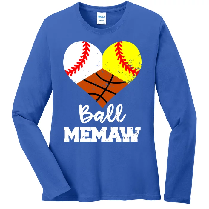 Ball Memaw Heart Funny Baseball Softball Basketball Memaw Cute Gift Ladies Long Sleeve Shirt