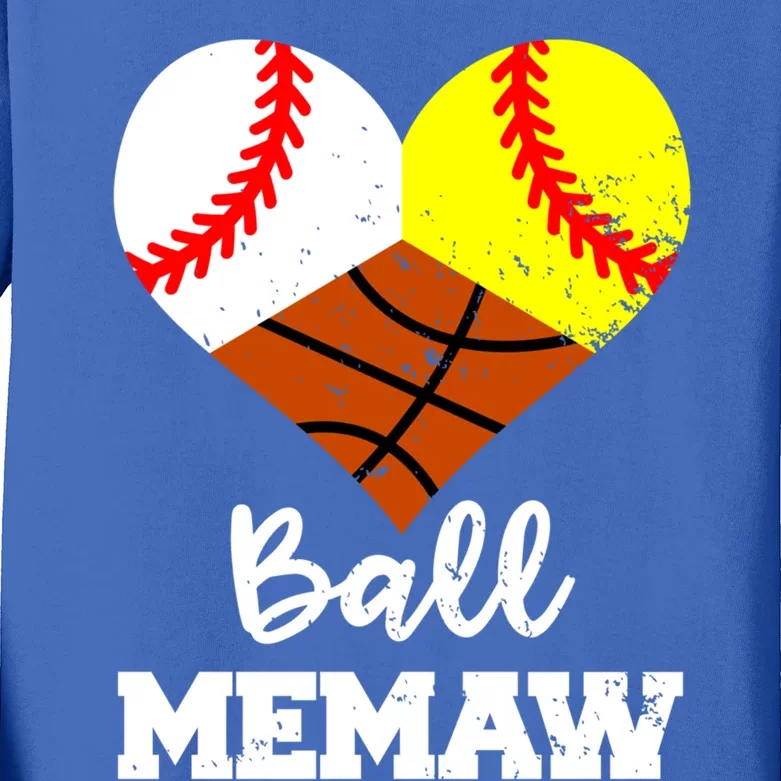 Ball Memaw Heart Funny Baseball Softball Basketball Memaw Cute Gift Kids Long Sleeve Shirt