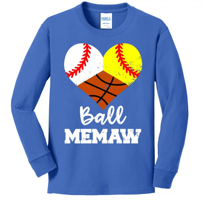 Ball Memaw Heart Funny Baseball Softball Basketball Memaw Cute Gift Kids Long Sleeve Shirt