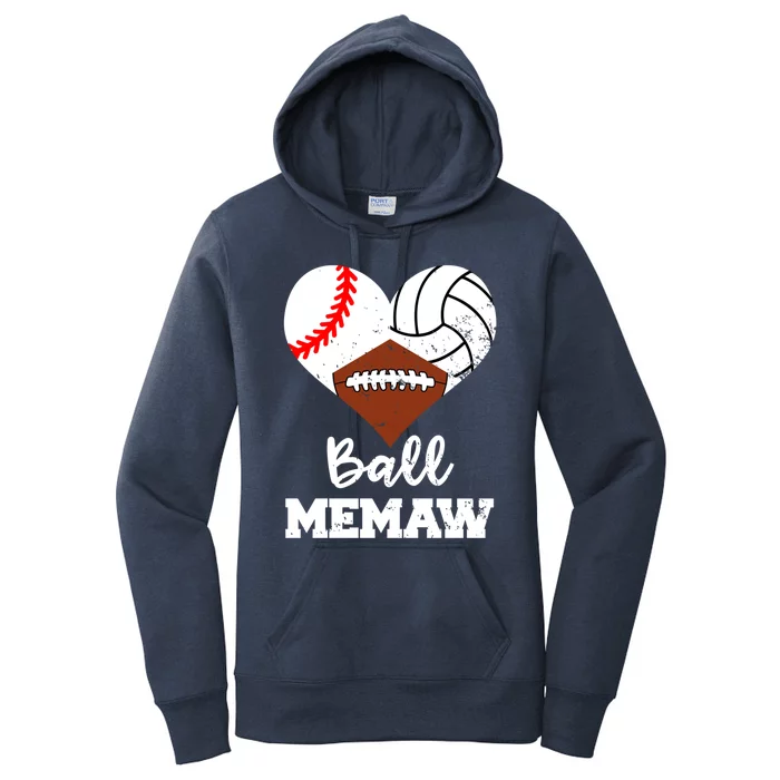 Ball Memaw Heart Funny Baseball Volleyball Football Memaw Cool Gift Women's Pullover Hoodie