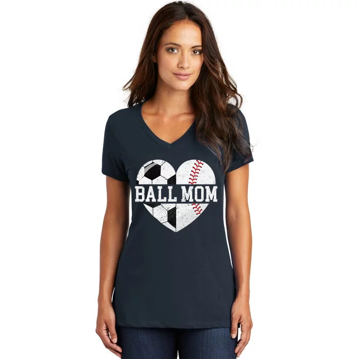 Ball Mom Heart Funny Baseball Soccer Mom Women's V-Neck T-Shirt