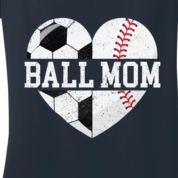 Ball Mom Heart Funny Baseball Soccer Mom Women's V-Neck T-Shirt