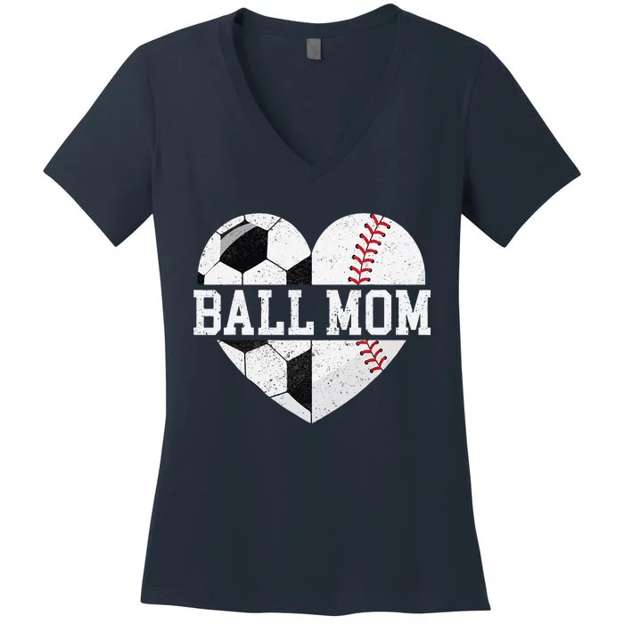 Ball Mom Heart Funny Baseball Soccer Mom Women's V-Neck T-Shirt