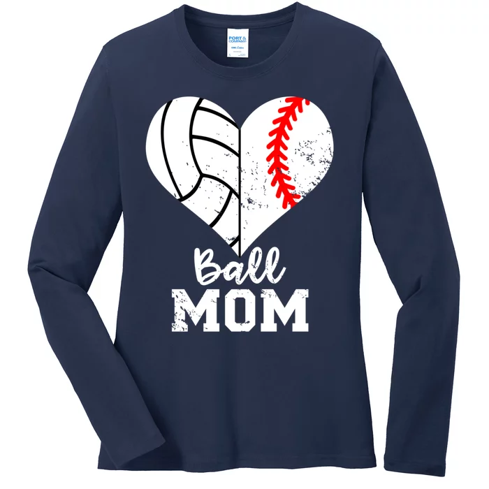 Ball Mom Heart Funny Baseball Volleyball Mom Ladies Long Sleeve Shirt