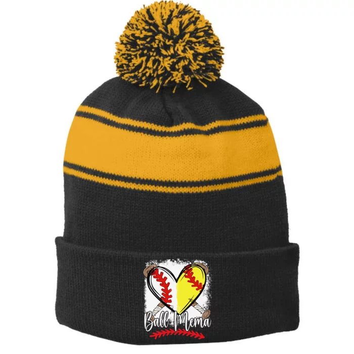 Ball Mema Heart Funny Softball Baseball Stripe Pom Pom Beanie