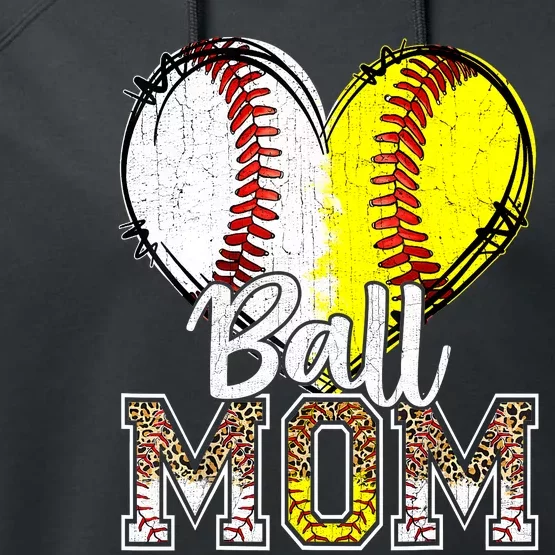 Ball Mom Heart Baseball Softball Mama Women Mothers Day 2024 Performance Fleece Hoodie