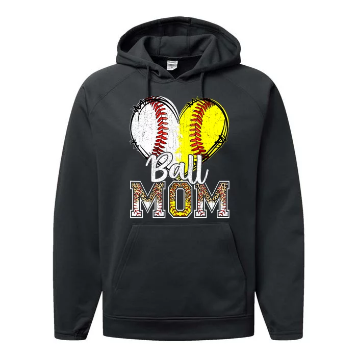 Ball Mom Heart Baseball Softball Mama Women Mothers Day 2024 Performance Fleece Hoodie