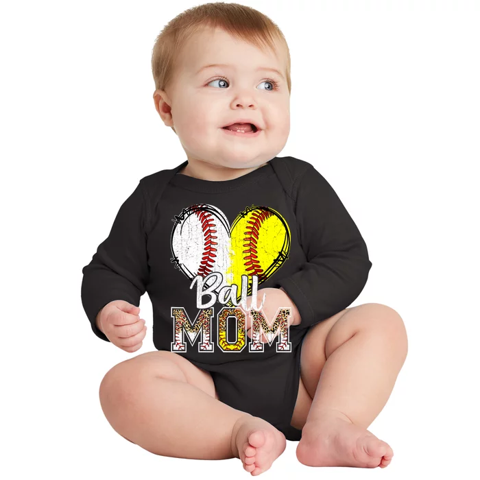 Ball Mom Heart Baseball Softball Mama Women Mothers Day 2024 Baby Long Sleeve Bodysuit