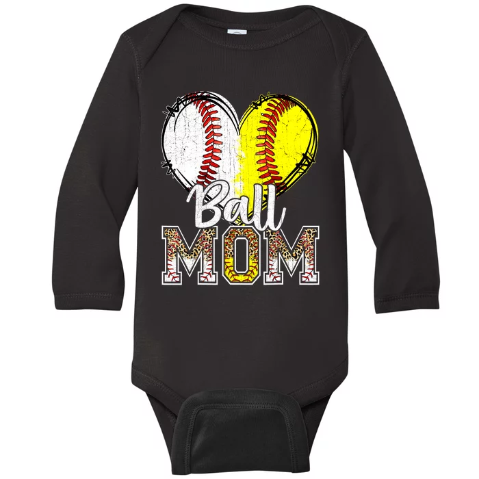 Ball Mom Heart Baseball Softball Mama Women Mothers Day 2024 Baby Long Sleeve Bodysuit