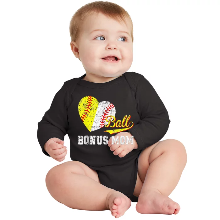 Bonus Mom Heart Mother's Day Baseball Ball Baby Long Sleeve Bodysuit