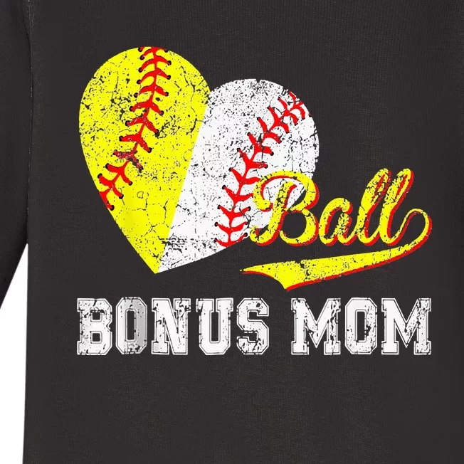 Bonus Mom Heart Mother's Day Baseball Ball Baby Long Sleeve Bodysuit