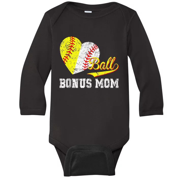 Bonus Mom Heart Mother's Day Baseball Ball Baby Long Sleeve Bodysuit