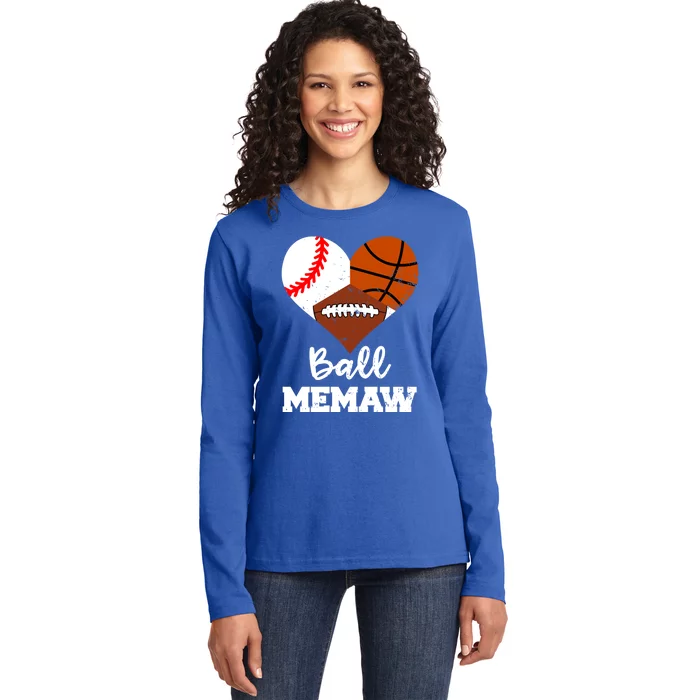 Ball Memaw Heart Funny Baseball Basketball Football Memaw Gift Ladies Long Sleeve Shirt