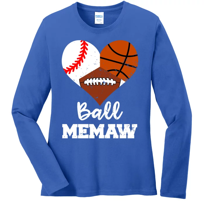 Ball Memaw Heart Funny Baseball Basketball Football Memaw Gift Ladies Long Sleeve Shirt