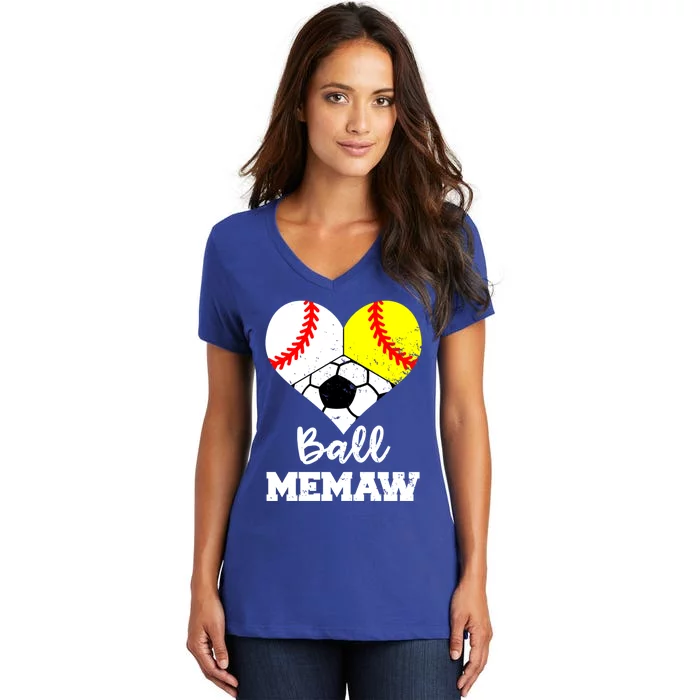 Ball Memaw Heart Funny Baseball Softball Soccer Memaw Great Gift Women's V-Neck T-Shirt