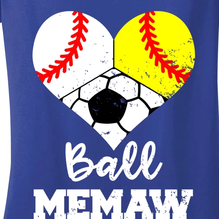 Ball Memaw Heart Funny Baseball Softball Soccer Memaw Great Gift Women's V-Neck T-Shirt