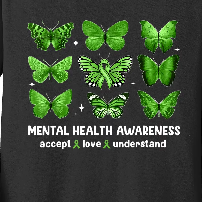 Butterfly Mental Health Awareness Accept Love Understand Kids Long Sleeve Shirt