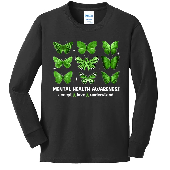 Butterfly Mental Health Awareness Accept Love Understand Kids Long Sleeve Shirt