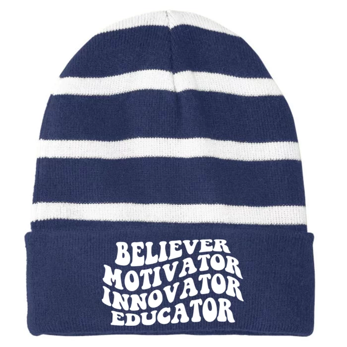 Believer Motivator Innovator Educator Retro Gift Striped Beanie with Solid Band